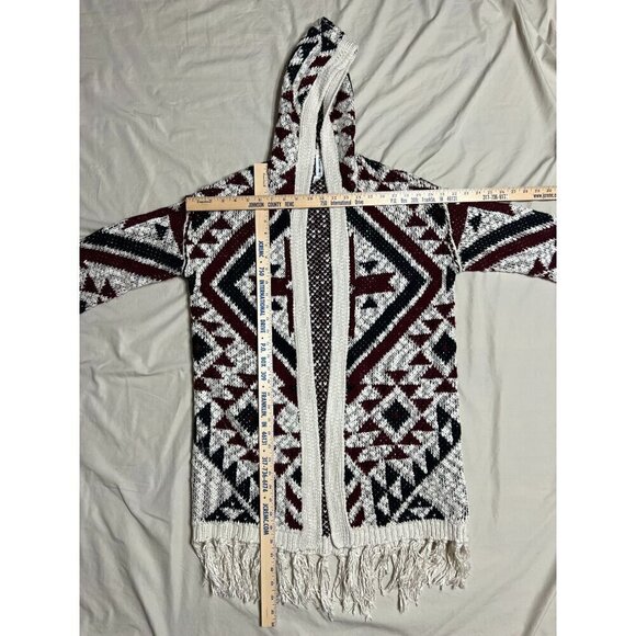 Vintage Aztec Knit Hooded Cardigan Open Front Sweater With Fringe Trim Boho Styl - Picture 5 of 11
